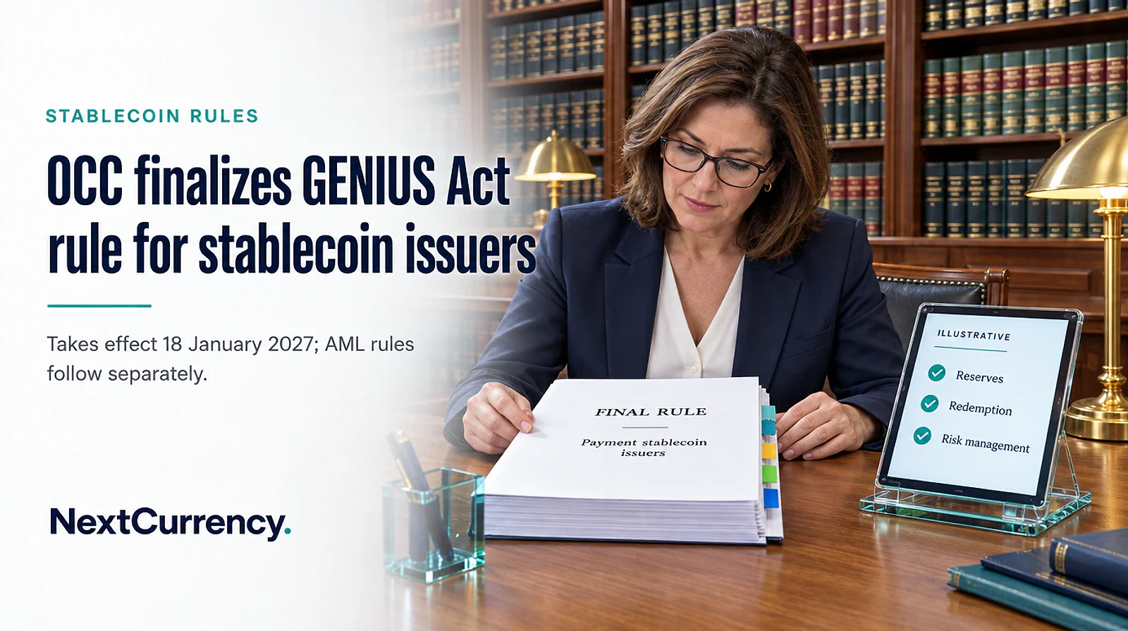 OCC Finalizes GENIUS Act Rule for Stablecoin Issuers, Effective 18 January 2027 — editorial cover artwork