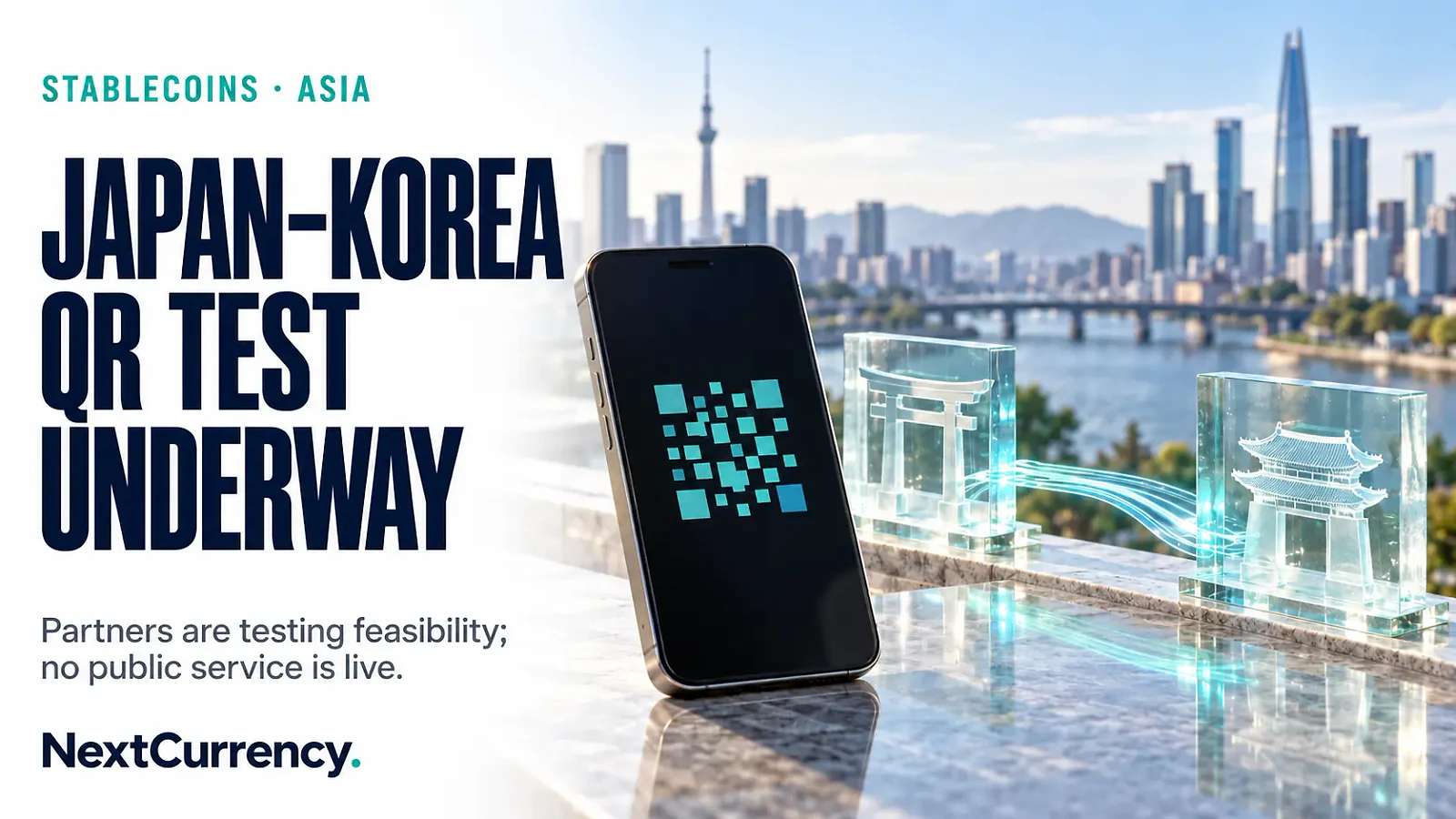 SBI DigiTrust Starts Japan–Korea Stablecoin QR Payment Test — editorial cover artwork