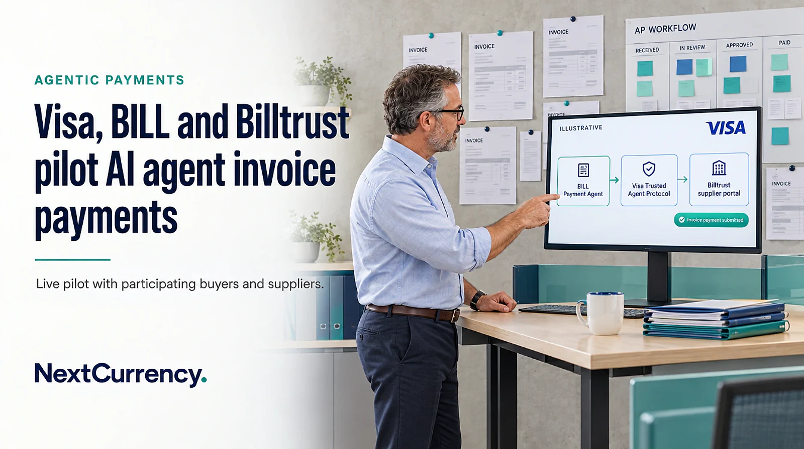 Visa, BILL and Billtrust Launch a Live Pilot of AI Agents Paying Supplier Invoices — editorial cover artwork